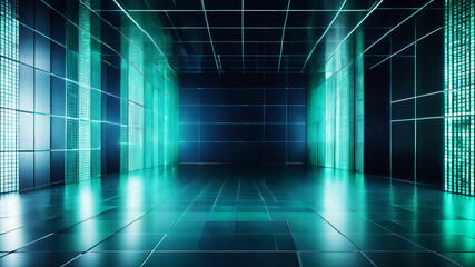 A minimalist abstract background with a grid of evenly spaced, semi-transparent boxes in shades of blue and green, giving a modern and sleek look