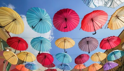 Multiple colorful umbrellas suspended in the sky, creating a vibrant canopy against a clear blue sky. Artistic and whimsical, evoking feelings of joy and creativity in an urban setting.
