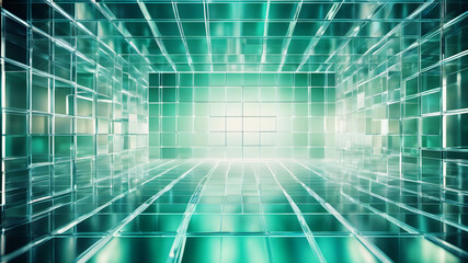 Obraz premium A minimalist abstract background with a grid of evenly spaced, semi-transparent boxes in shades of blue and green, giving a modern and sleek look