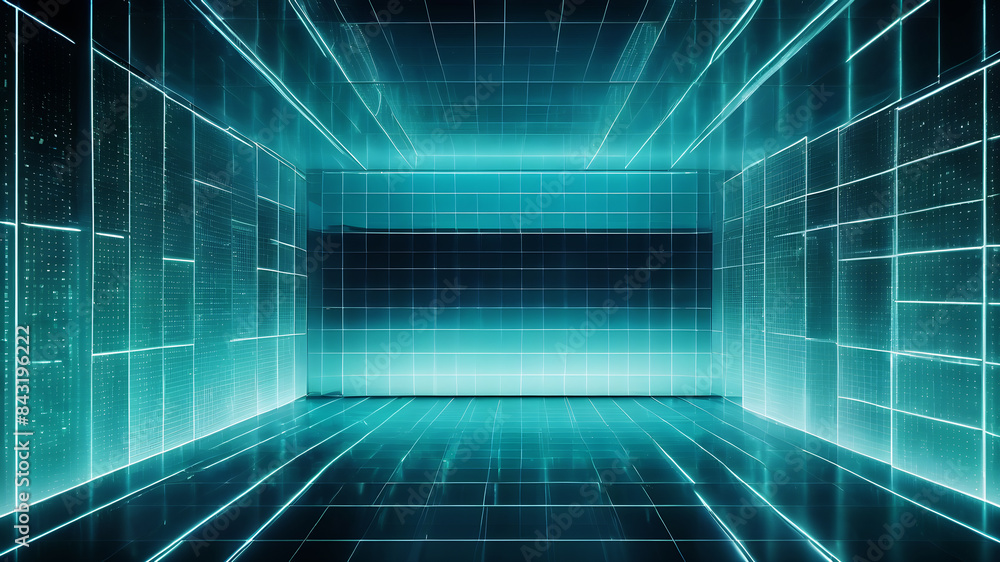 Poster a minimalist abstract background with a grid of evenly spaced, semi-transparent boxes in shades of b