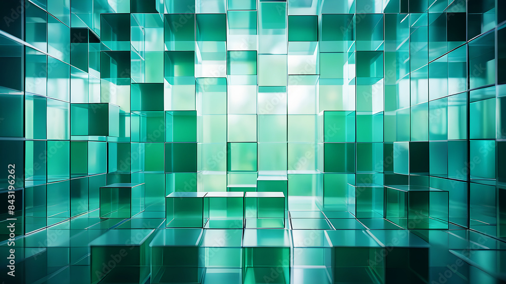 Poster a minimalist abstract background with a grid of evenly spaced, semi-transparent boxes in shades of b