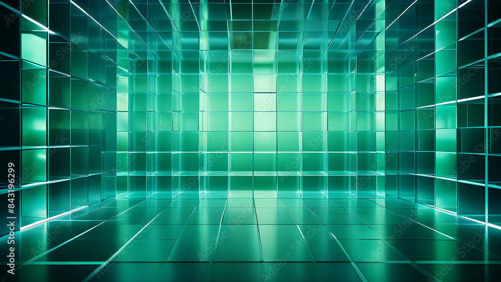 Poster a minimalist abstract background with a grid of evenly spaced, semi-transparent boxes in shades of b