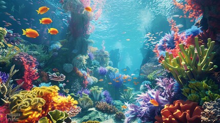 Fototapeta premium Colorful fishes swim near a coral reef.