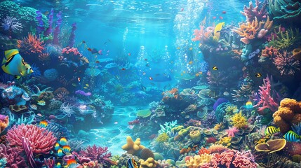 Underwater world full of life. Colorful coral reef with exotic fishes. Tropical ocean scenery with bright sunlight shining through the water surface.