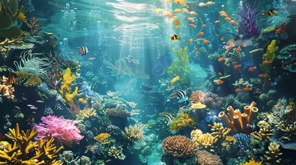 Fototapeta premium Colorful fishes swim near a coral reef.