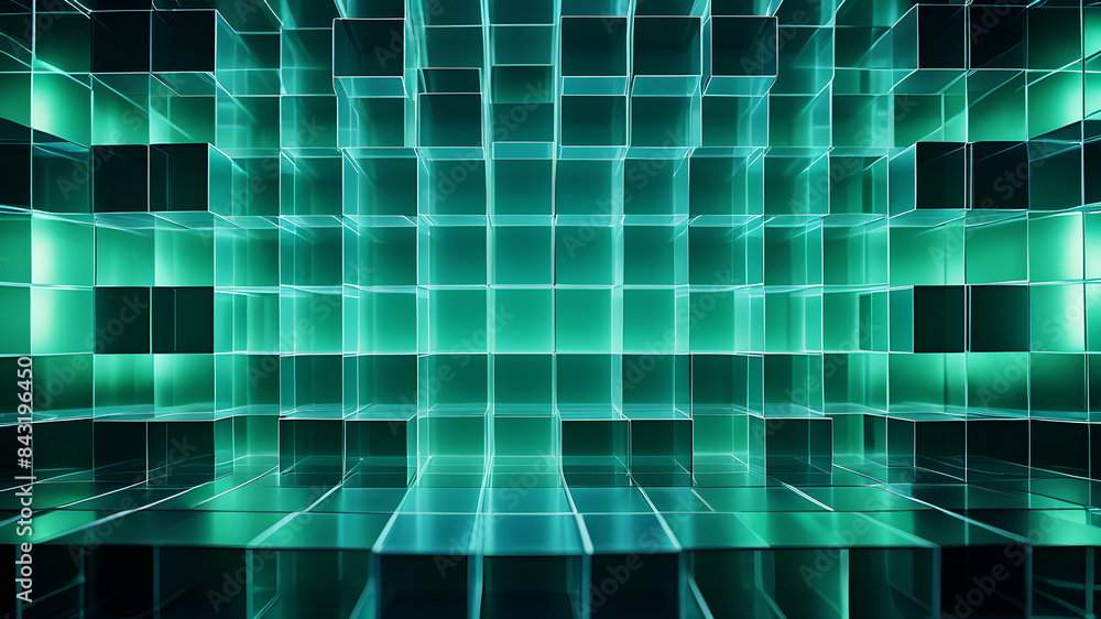 Poster a minimalist abstract background with a grid of evenly spaced, semi-transparent boxes in shades of b