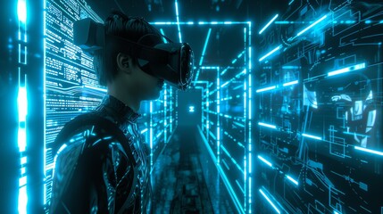 Fototapeta premium The person is standing in a brightly lit, futuristic city.