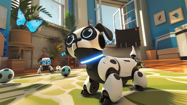 A cute robotic dog is playing in a living room. The dog is white with black spots and has a blue collar. - Powered by Adobe