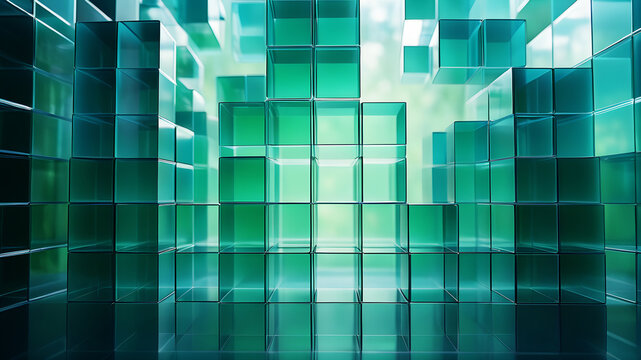 A minimalist abstract background with a grid of evenly spaced, semi-transparent boxes in shades of blue and green, giving a modern and sleek look