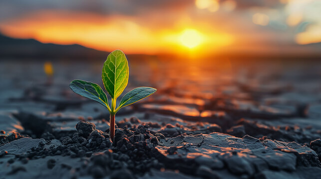 A single green sprout breaking through the cracked soil. Climate change and food crisis concept.