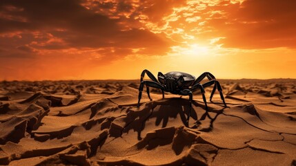 Large spider on cracked desert ground at sunset, showcasing a dramatic and imposing natural scene with a vibrant sky.