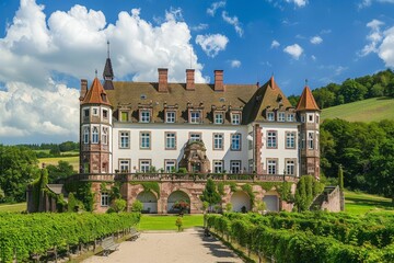 Naklejka premium - Sharp focus captures the intricate details of this historic German castle., Stunning architectural photography of Schloss Wackerbarth, Radebeul, Germany in 4K resolution.