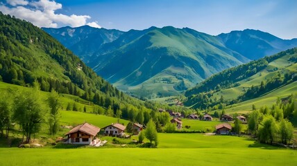 Obraz premium Mountain Valley with Lush Greenery and Farmhouses