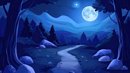 Cartoon vector illustration of dark blue dusk scenery with road and rocks under moonlight
