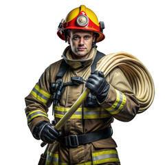 Fototapeta premium Firefighter in full gear holding hose on transparent background