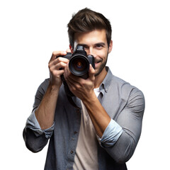 Fototapeta premium Smiling photographer with camera on transparent background