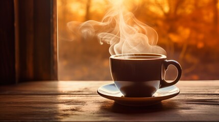 Steaming hot coffee in a cup by the window with a warm autumn sunset in the background, creating a cozy and inviting atmosphere.