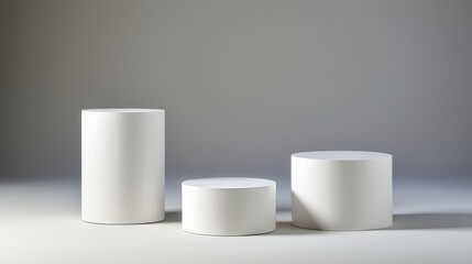 Three white cylindrical objects of different heights on a plain background, showcasing minimalistic design and simple geometry.