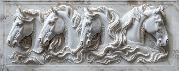 Five majestic horse heads sculpted in carrara marble bas-relief on wall