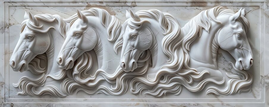 Five majestic horse heads sculpted in carrara marble bas-relief on wall