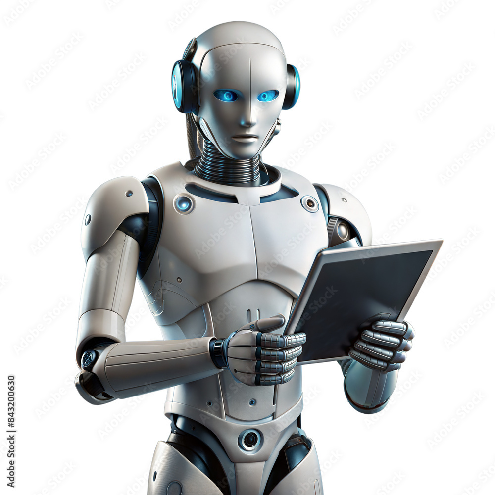 Poster advanced robot using tablet on transparent background