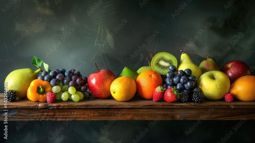 Canvas Prints Assorted fruits displayed on a wooden table in a studio setting