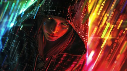 Woman Mysterious hacker wearing a hood with rainbow binary data effect Background wallpaper AI generated image