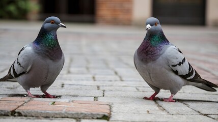 Obraz premium Two Pigeons Facing Each Other on a Brick Pavement