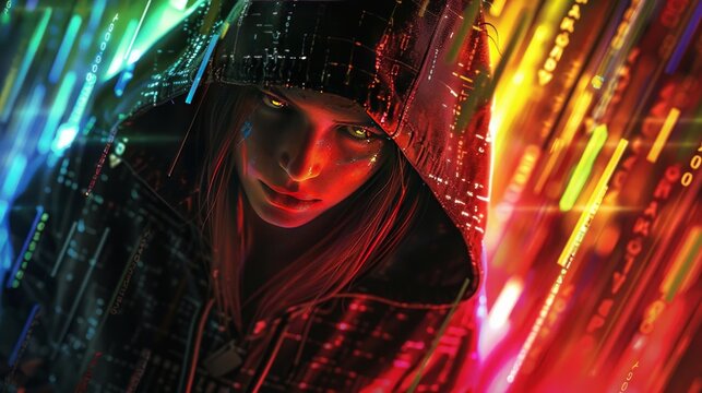 Woman Mysterious hacker wearing a hood with rainbow binary data effect Background wallpaper AI generated image