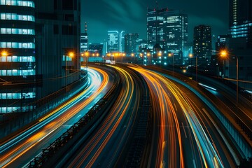 Obraz premium Nighttime Highway: Dynamic Car Motion and Urban Light