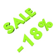 Light green minus eighteen percent with the text Sale. Isolate on a white background. Markdown, discounts, marketing. Footage rendering.