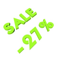Light green minus twenty-seven percent with the text Sale. Isolate on a white background. Markdown, discounts, marketing. Footage rendering.