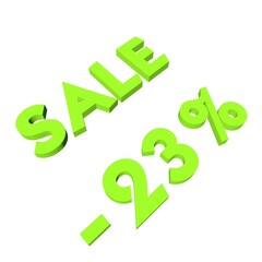 Light green minus twenty-three percent with the text Sale. Isolate on a white background. Markdown, discounts, marketing. Footage rendering.