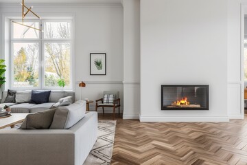  A contemporary living room features a plush couch, a cozy fireplace, and a large window, offering a stylish and inviting atmosphere.