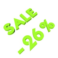 Light green minus twenty-six percent with the text Sale. Isolate on a white background. Markdown, discounts, marketing. Footage rendering.