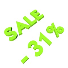 Light green minus thirty-one percent with the text Sale. Isolate on a white background. Markdown, discounts, marketing. Footage rendering.