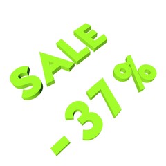 Light green minus thirty-seven percent with the text Sale. Isolate on a white background. Markdown, discounts, marketing. Footage rendering.