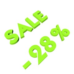 Light green minus twenty-eight percent with the text Sale. Isolate on a white background. Markdown, discounts, marketing. Footage rendering.