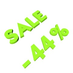 Light green minus forty-four percent with the text Sale. Isolate on a white background. Markdown, discounts, marketing. Footage rendering.