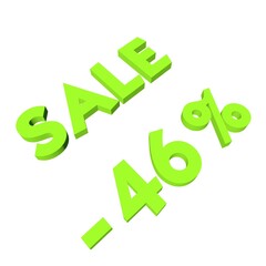 Light green minus forty-six percent with the text Sale. Isolate on a white background. Markdown, discounts, marketing. Footage rendering.
