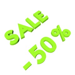 Light green minus fifty percent with the text Sale. Isolate on a white background. Markdown, discounts, marketing. Footage rendering.