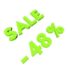 Light green minus forty-eight percent with the text Sale. Isolate on a white background. Markdown, discounts, marketing. Footage rendering.