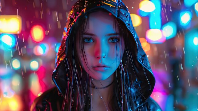Woman Cyberpunk hood style character Metropolis Mysterious Background wallpaper AI generated image