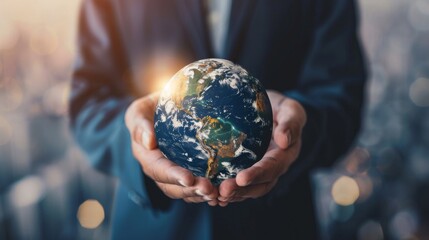 Fototapeta premium Businessman holding earth virtual energy resources icon. Earth day. Energy saving world ecology concept. 