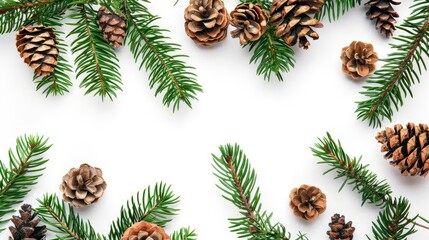 Festive decorations and evergreen branches on a white backdrop Designer template with room for text Pine and fir cones on tree branches