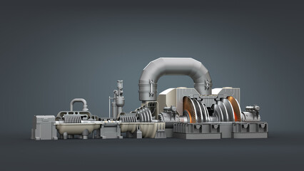 Steam turbine on a dark background. 3d render © Filipp