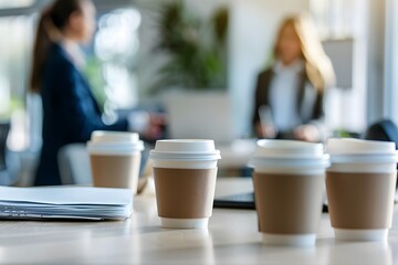 Busy Office Morning: Coffee Cups and Business People