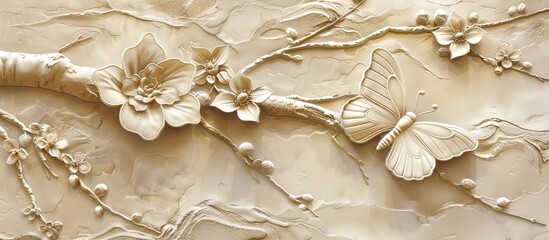 Beautiful butterfly 3d relief wallpaper. Mural wallpaper. Wall art. AI generated illustration.