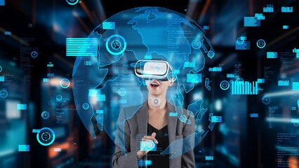 Businesswoman user making zoom with big data dynamic world market graph monitor by VR future global innovation interface digital infographic network technology visual hologram animation. Contraption.