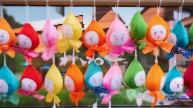 Colorful teru teru bozu dolls hanging in a row, each with a cheerful face and bright ribbons. 